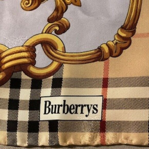 Vintage Burberry of London 100% Silk Scarf Nova Check Blue Gold Design - Picture 2 of 5